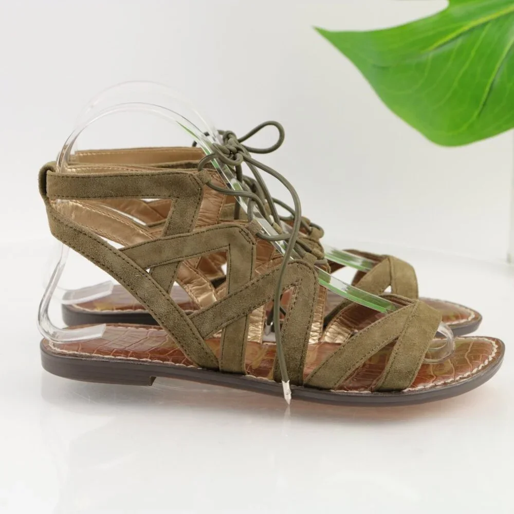 Sam Edelman Womens Gemma Sandals Size 5.5 Olive Green Suede Lace Up Flat Shoes